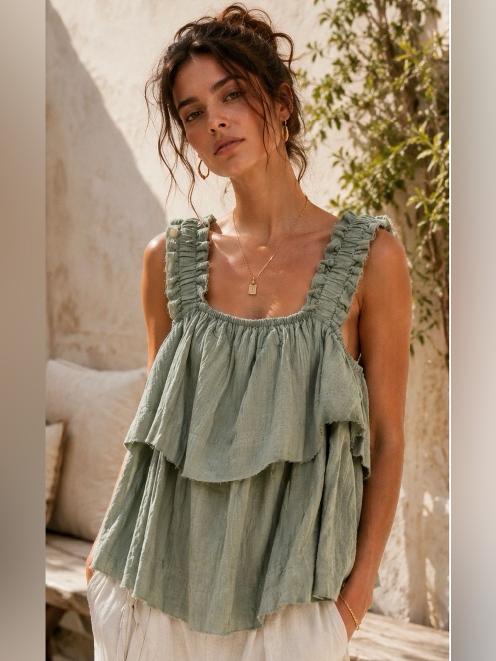 Free The Roses Reset Ruffle Strap Tiered Cotton Babydoll Top Dusty Green M NWT